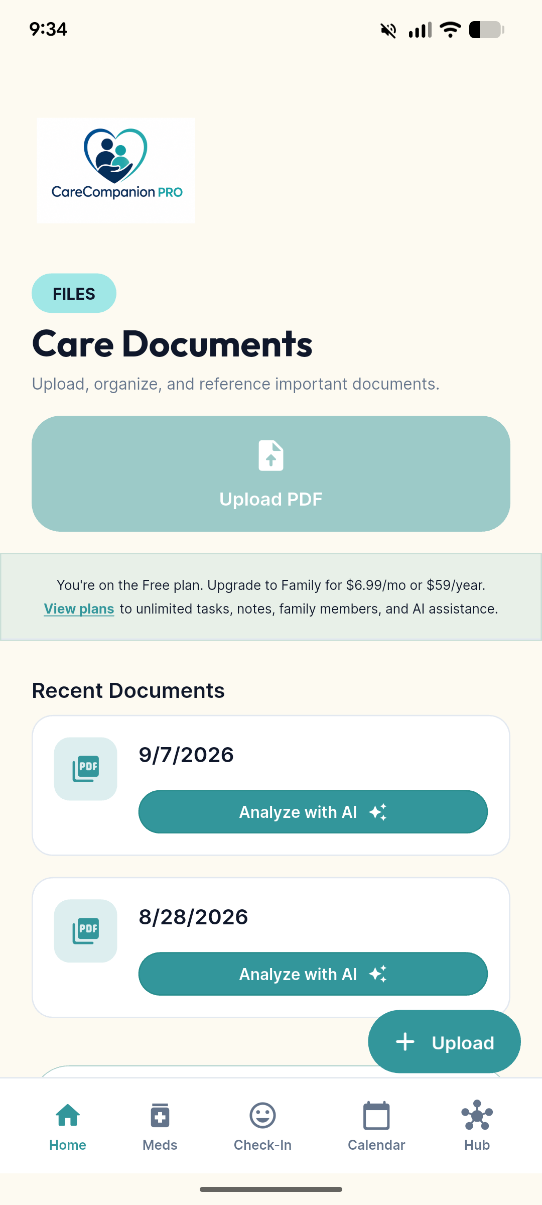 Care Documents screen with PDF upload and recent documents ready to analyze with AI.