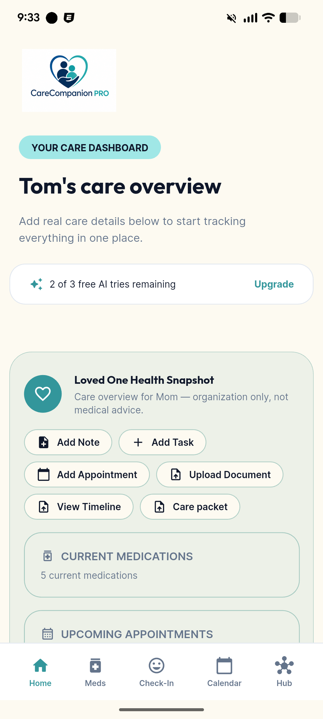 CareCompanion PRO dashboard showing Tom’s care overview, medications, appointments, and care shortcuts.