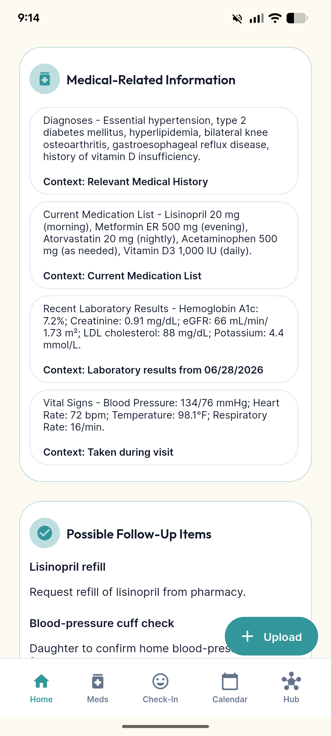 Medical-related information and possible follow-up items organized by context.