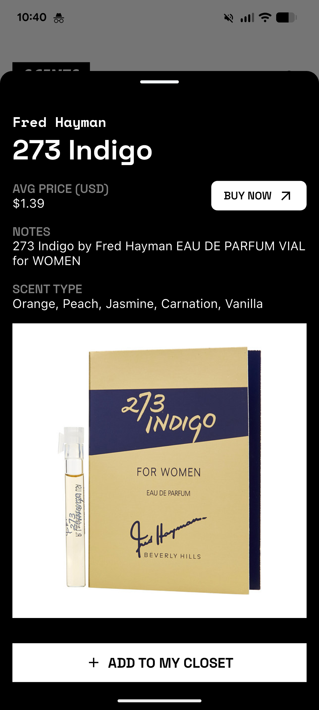 Fragrance shopping interface with product details