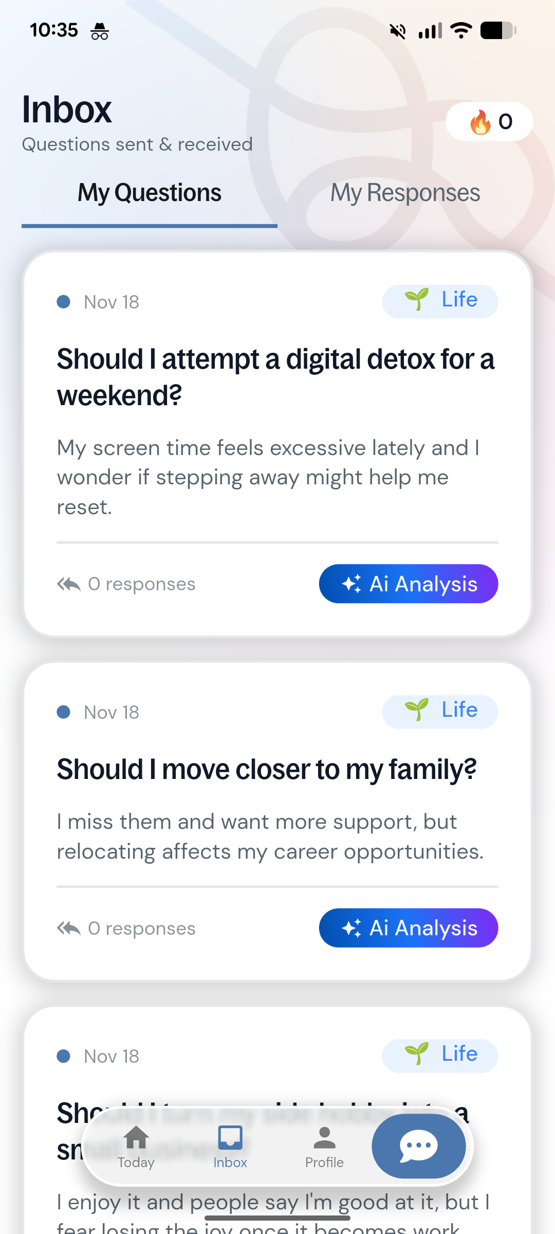 Custom question and response inbox with AI analysis