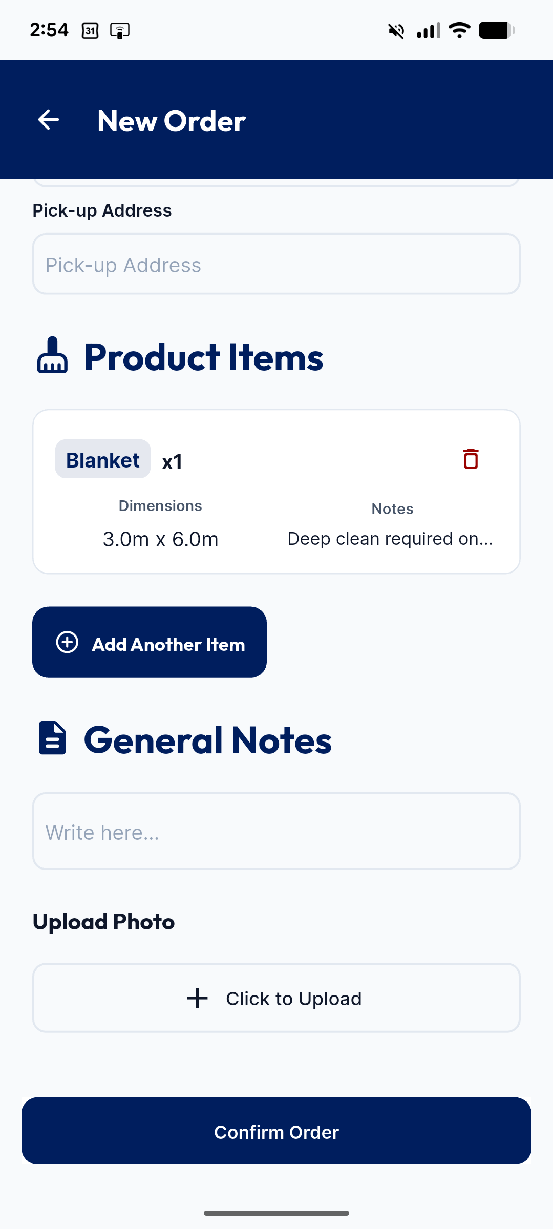 Custom service order interface with product items and photo upload