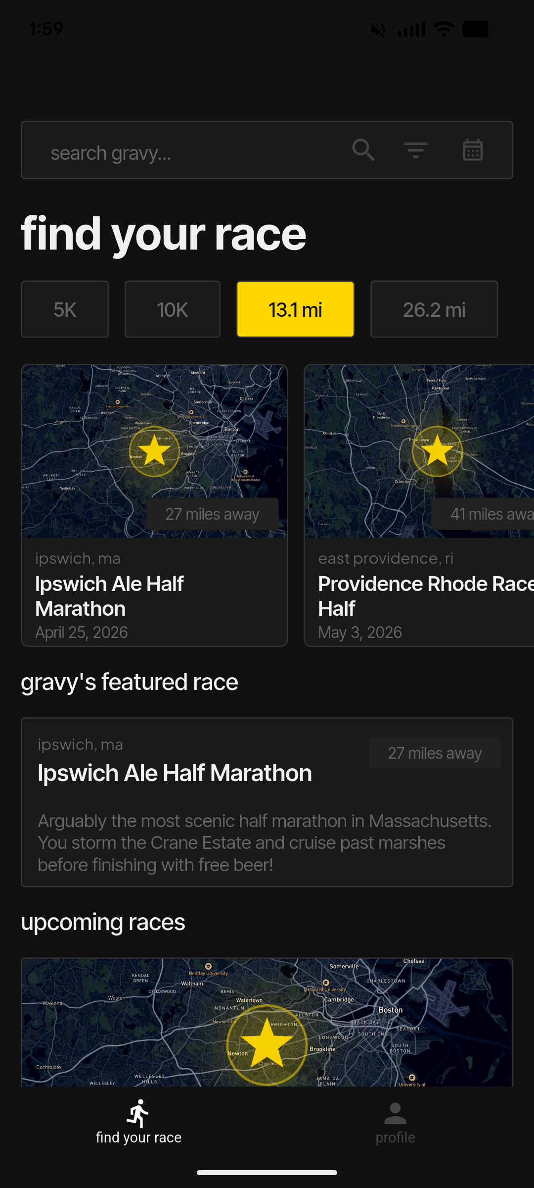 Race discovery interface with distance filters and map previews